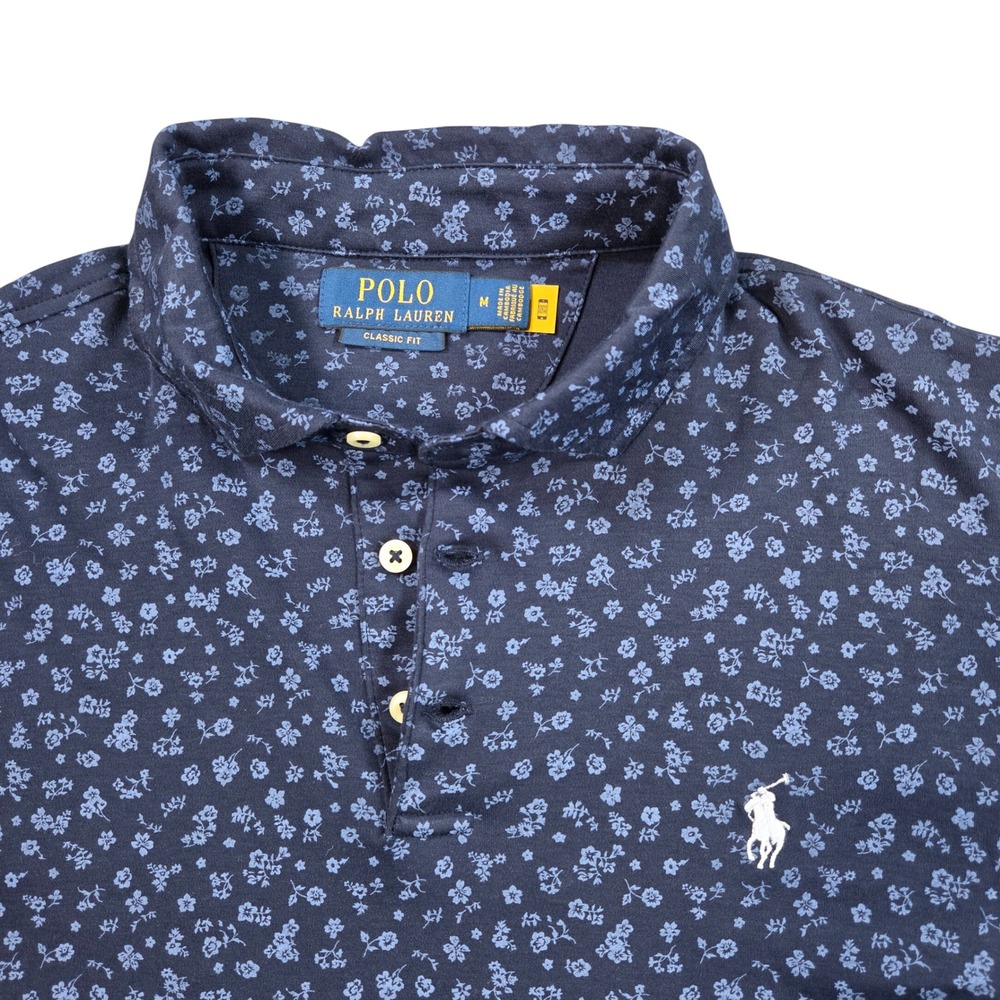 Polo Ralph Lauren Polo Shirt Mens Medium Navy Blue Floral Classic Fit Cotton